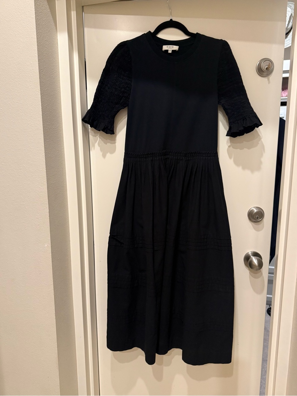 Sea Black Midi Dress with Smocked Short Sleeves